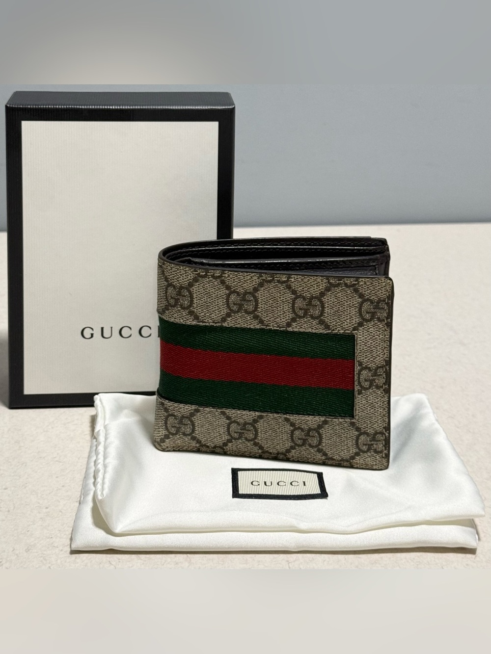 Gucci GG Supreme New Web Sherry Line Bi-fold Wallet in Coated Canvas